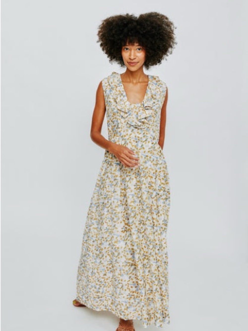 MIRTH Coral print Ruffle V-Neck Dress in Cream and Blue